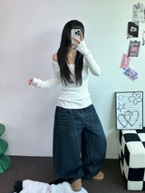 バックタトゥーレタリングバルーンデニムロングパンツ 🩵3サイズ