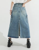 Back Slit Cargo Denim Long Skirt