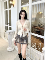 1083. Fur trimming ribbon cardi (3color)