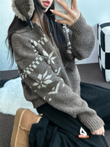 スノーフラワーカラーノルディックツーウェイジッパーニットジップアップ❤🖤🤎🩶🤍5カラー