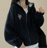 Check lining ribbon fleece hooded zip-up