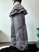 FLEECE PICKABLE❤RIBBON CANCAN BOOTSCUT WIDE 2 STYTLE PANTS🖤🩶🤎💛5COLOR