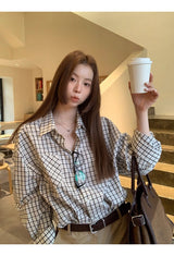 French checkered pocket loose fit long-sleeved shirt