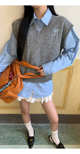 Bow V-neck Loose Fit Gray Vest