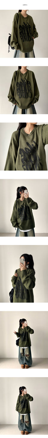 Graffiti Printing Boxy Fit Round Knit