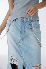 DAMAGED LONG DENIM SKIRT (BLUE)