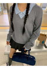 Collar Layered V-neck Long-Sleeved Knitwear