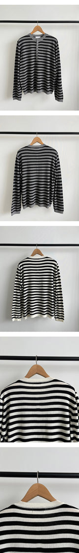 [S/S] ヘンリーネックストライプニットスリーブ(2color)