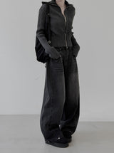 Hard high-neck washed knit zip-up
