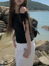 Nob Shirring オフショルダーリボン半袖Tシャツ