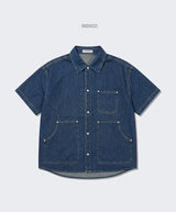 Oversized Pocket Short-Sleeve Denim Shirt Indigo