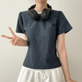 コントラスト ネック ストライプ デリケート ベーシック フィット ショートスリーブ Tシャツ