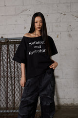 Lettering Oversized One-Shoulder T-Shirt - Black