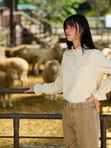 High-Neck Lace-Frill Blouse (Beige)