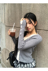 Lace shirring two-piece long-sleeved blouse T-shirt