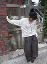 Triche Flower Over Fit Henley Neck Long Sleeve Tee