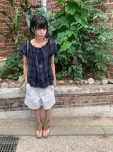 Ame Check Off-Shoulder Frill Short Sleeve Blouse