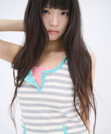 STRIPE HENLEY HOOD SLEEVELESS - GRAY