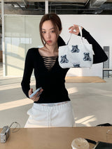 Black Strap Point Long-Sleeved Slim T-Shirt