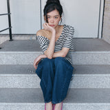 CサイドシャーリングオフショルダーTシャツ - ブラック