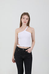 Unbalance Halter Neck Slit Sleeveless White