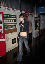wave lace ribbon hoody - black