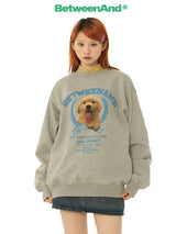 BETWEENAND Cute round-neck gray hoodie for women, casual loose fit, pair set with puppy tongue design in autumn