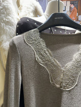 wool base lace V-neck long-sleeved t-shirt