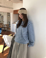 Clo Hairy Stripe Henley Neck Knit