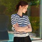 SUMMER LINEN STRIPE CARDIGAN NAVY