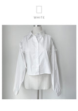 Twill shoulder ribbon shirring loose fit crop shirt (2 colors)