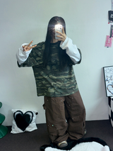 ミリタリーレイヤードオーバーフィットロゴスリーブTシャツ 🩶💚🤍2カラー
