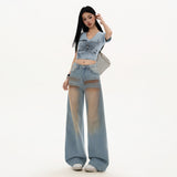 Light blue gradient blush washed straight leg floor-length jeans