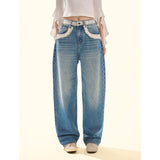 [GirlyFancyClub] Women's Lyocell Fiber Soft and Comfortable Lace Patch Retro Washed Blue Jeans