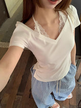 White lace halter layered short-sleeved T-shirt