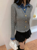 Perry Denim-Layer Cable Knit Long Sleeve Cardigan