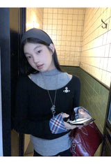 リップネックレイヤードロングスリーブチェックTシャツ
