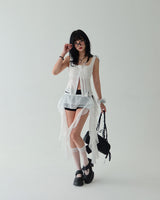 unbalanced see-through frill layered belt skirt