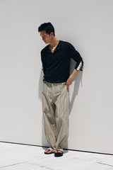 Contrast ribbed henley long Sleeve(Black)