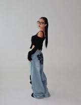 off-shoulder cut-out zip-up knitwear T-shirt