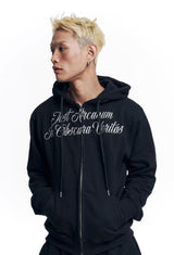 Lettering Embroidered Hoodie Zip-Up - Black