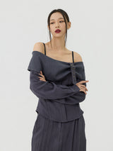 Scratch Cape Off-Shoulder Belted Shirt, Charcoal