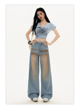 Light blue gradient blush washed straight leg floor-length jeans