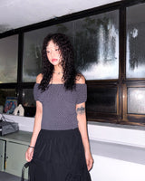 (3color) Dot Shirring Neck Off-Shoulder Puff Tee