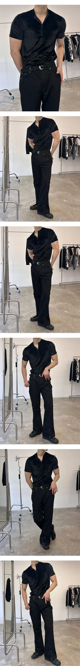 [MUSCLE FIT] ベルベットゴルジヘンリーネックハーフTシャツ