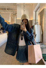 denim loose fit collar zip-up jacket two-piece (skirt set)