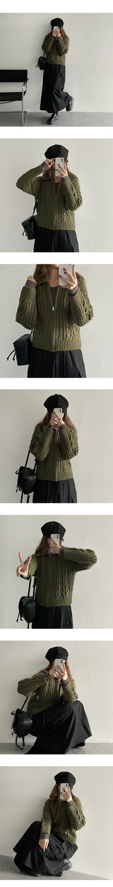 OG thick cropped cable knitwear collar cardigan
