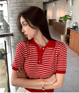 Slow Collar Striped Short Sleeve Knit / 5 Colors