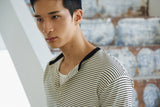 Stripe slim henley neck half t-shirts(Ivory)