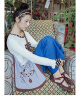 UnsocialNight original literary retro versatile カジュアル イラストプリントワンショルダークロスボディバッグ for women